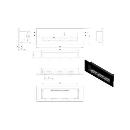 Kratki - Iebūvējams BIO Kamīns 40x120 cm 3x1,1kW melna