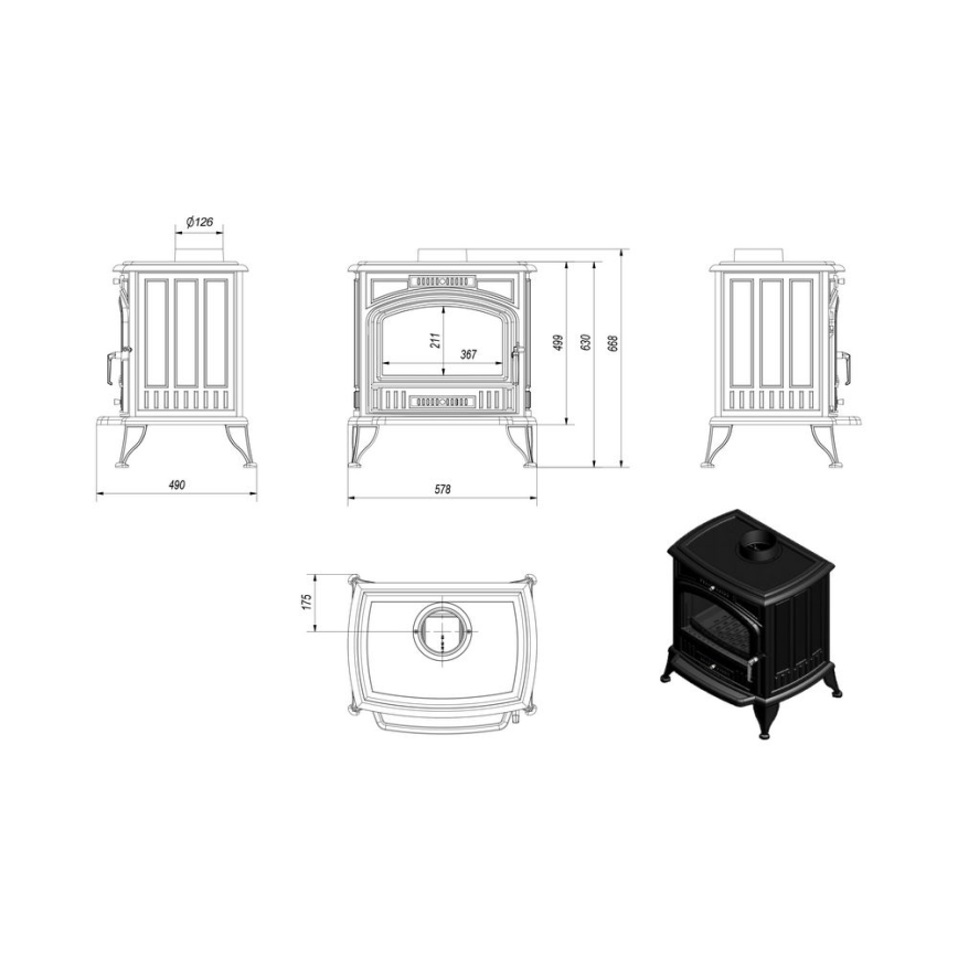 Kratki - Čuguna kamīns 8kW 150mm