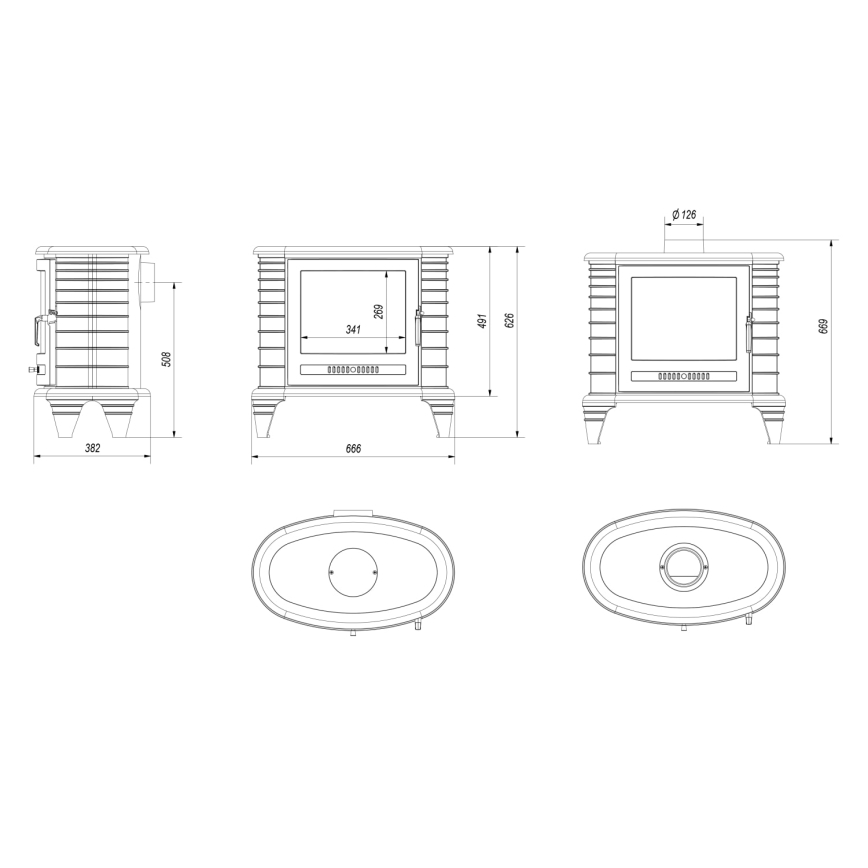 Kratki - Čuguna kamīns 9kW 130 mm
