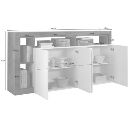 Kumode LENOR, balta/pelēka (betona apdare)