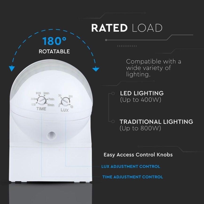 Kustību sensors PIR 180° 800W/230V IP44 balta