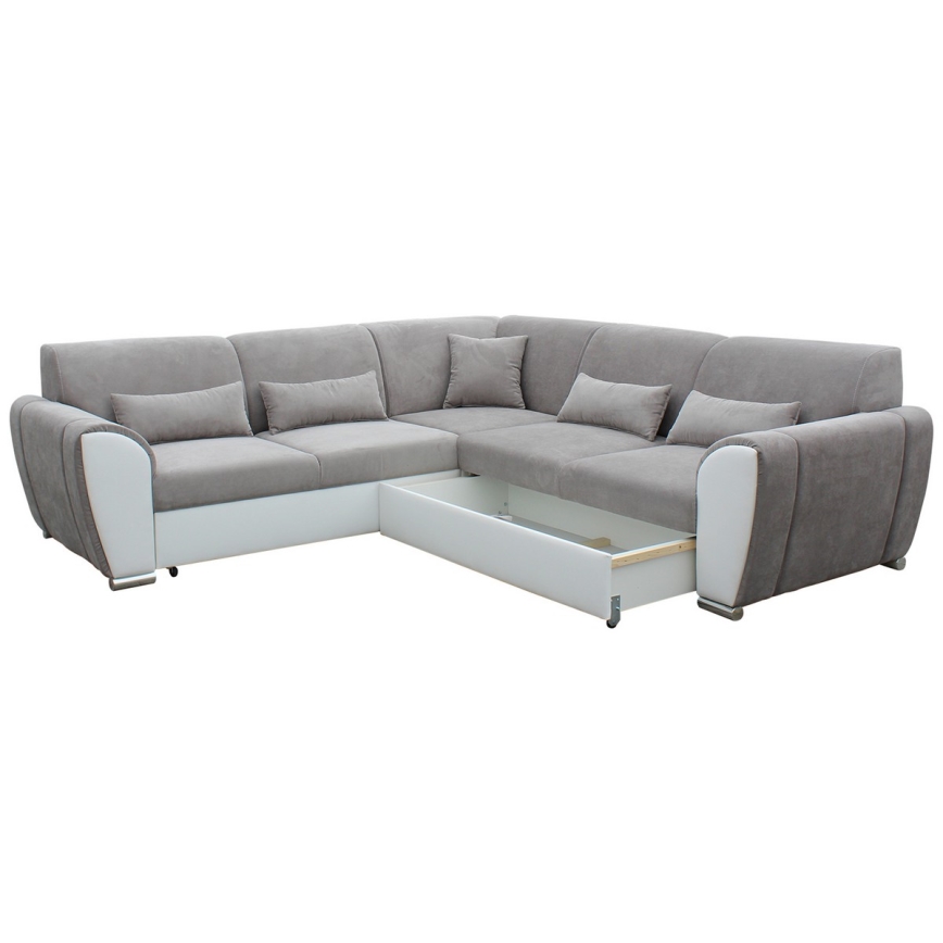 L veida izvelkamais stūra dīvāns VISEU ar uzglabāšanas nodalījumu, labais, pelēks/balts