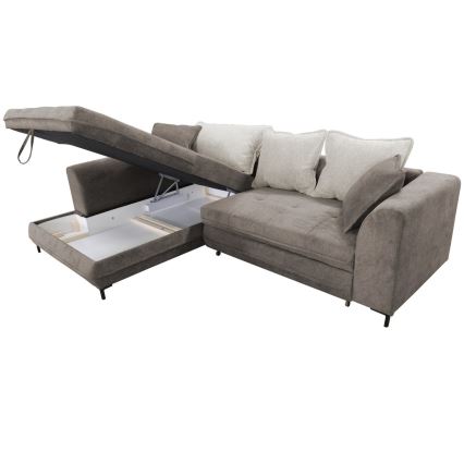 L veida kreisais izvelkamais stūra dīvāns ar uzglabāšanas nodalījumu LAGOA, taupe/pelēks