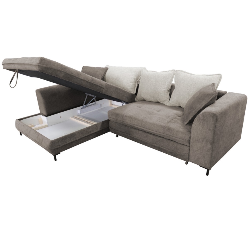 L veida kreisais izvelkamais stūra dīvāns ar uzglabāšanas nodalījumu LAGOA, taupe/pelēks
