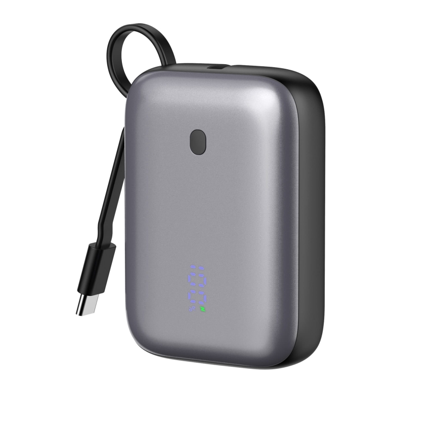 Lādētājakumulators 10000 mAh 20W Power Delivery Compact ar iebūvētu ievelkamu USB-C vadu 1m melna