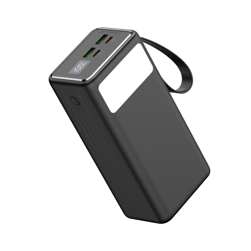 Lādētājakumulators 40000 mAh 65W Power Delivery 2xUSB-A + 2xUSB-C ar LED lukturi un USB-C vads 1m melna