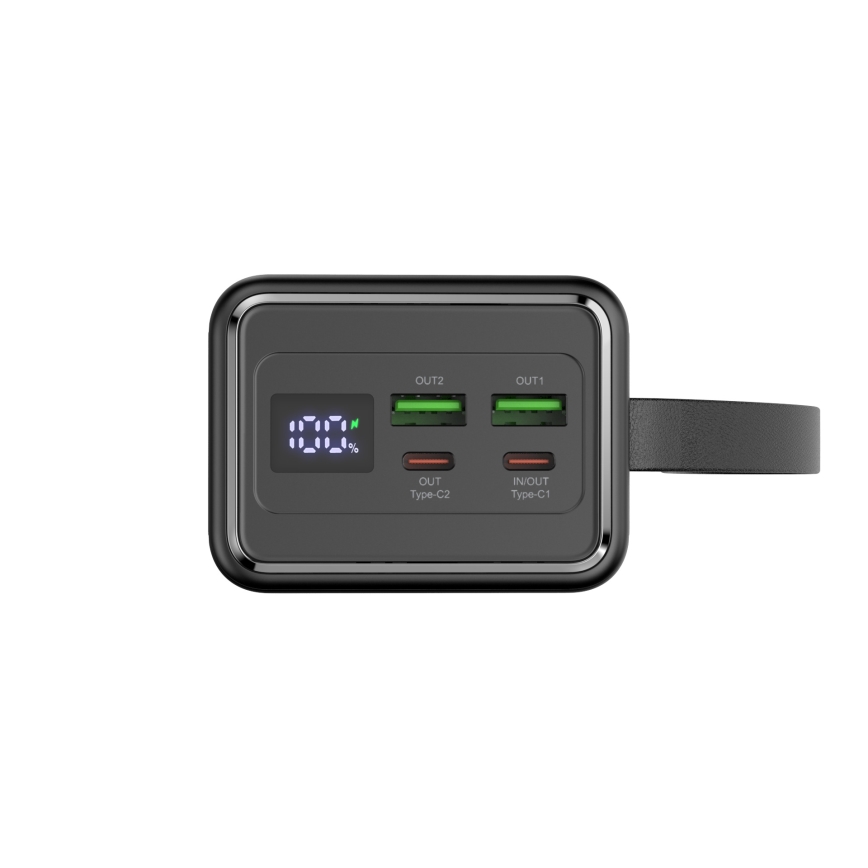 Lādētājakumulators 40000 mAh 65W Power Delivery 2xUSB-A + 2xUSB-C ar LED lukturi un USB-C vads 1m melna