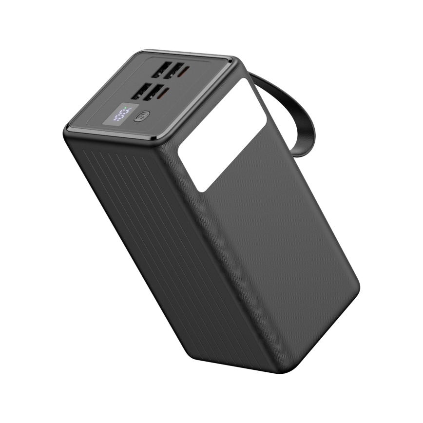 Lādētājakumulators 60000 mAh 20W Power Delivery 4xUSB-A + 2xUSB-C ar LED lukturi un USB-C vads 1m melna