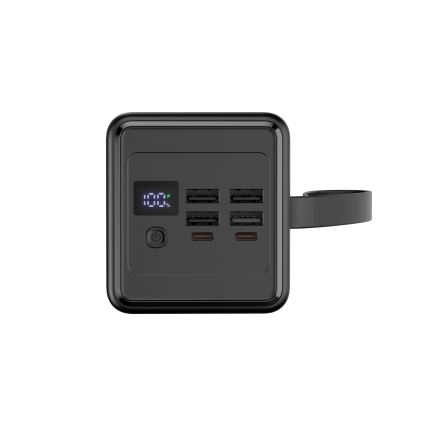 Lādētājakumulators 60000 mAh 20W Power Delivery 4xUSB-A + 2xUSB-C ar LED lukturi un USB-C vads 1m melna
