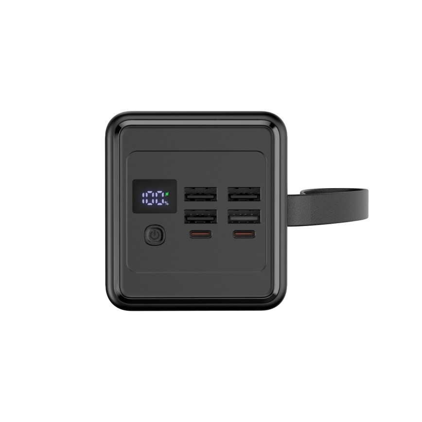 Lādētājakumulators 60000 mAh 20W Power Delivery 4xUSB-A + 2xUSB-C ar LED lukturi un USB-C vads 1m melna