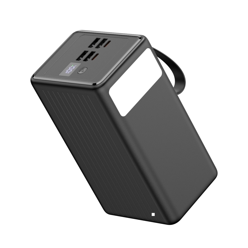 Lādētājakumulators 70000 mAh 20W Power Delivery 4xUSB-A + 2xUSB-C ar LED lukturii un USB-C vadu 1m melna