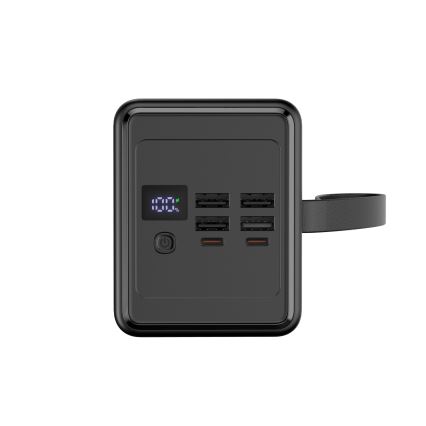 Lādētājakumulators 70000 mAh 20W Power Delivery 4xUSB-A + 2xUSB-C ar LED lukturii un USB-C vadu 1m melna