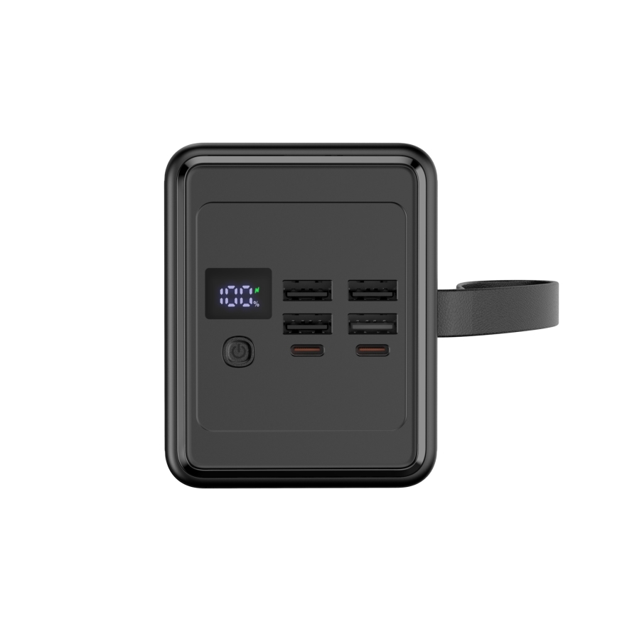 Lādētājakumulators 70000 mAh 20W Power Delivery 4xUSB-A + 2xUSB-C ar LED lukturii un USB-C vadu 1m melna
