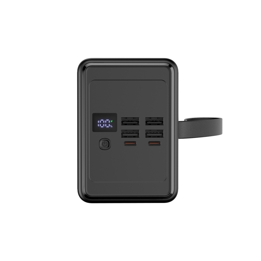 Lādētājakumulators 80000 mAh 20W Power Delivery 4xUSB-A + 2xUSB-C ar LED lukturi un USB-C vads 1m melna