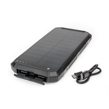 Lādētājakumulators ar LED lampu, bezvadu uzlādi un saules enerģijas paneli Power Delivery 15W/10000 mAh melna