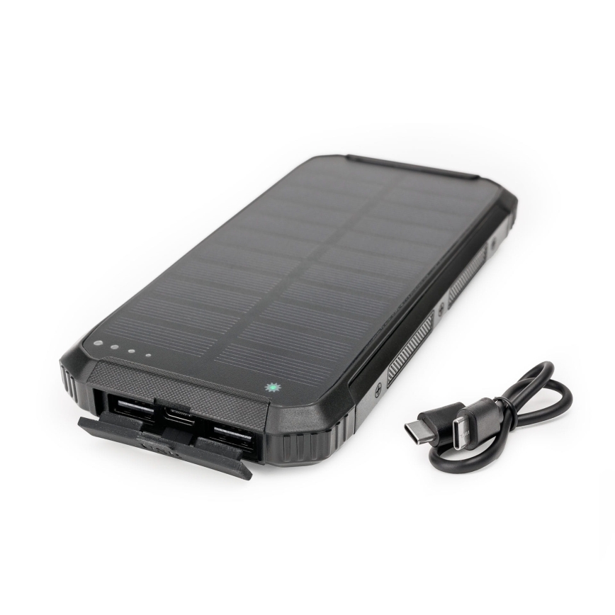 Lādētājakumulators ar LED lampu, bezvadu uzlādi un saules enerģijas paneli Power Delivery 15W/10000 mAh melna