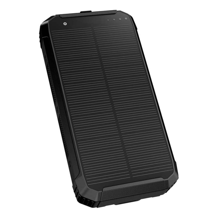 Lādētājakumulators ar LED lampu, bezvadu uzlādi un saules enerģijas paneli Power Delivery 15W/10000 mAh melna