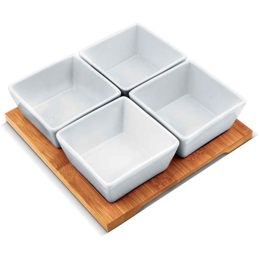 Lamart - Komplekts 4x porcelāna bļoda 19x19 cm + koka paplāte