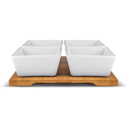 Lamart - Komplekts 4x porcelāna bļoda 19x19 cm + koka paplāte