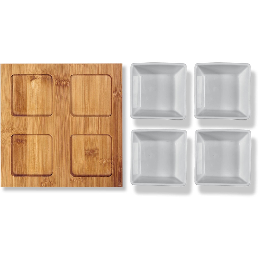 Lamart - Komplekts 4x porcelāna bļoda 19x19 cm + koka paplāte