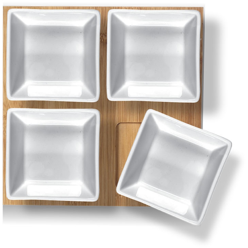 Lamart - Komplekts 4x porcelāna bļoda 19x19 cm + koka paplāte
