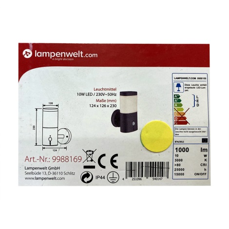 Lampenwelt - LED Āra lampa ar sensoru LED/10W/230V IP44