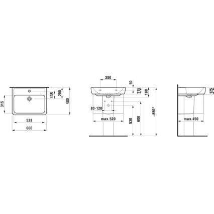 LAUFEN H8189520001041 - Galda virsmas izlietne/pie sienas stiprināma PRO 60x48 cm keramika/balta