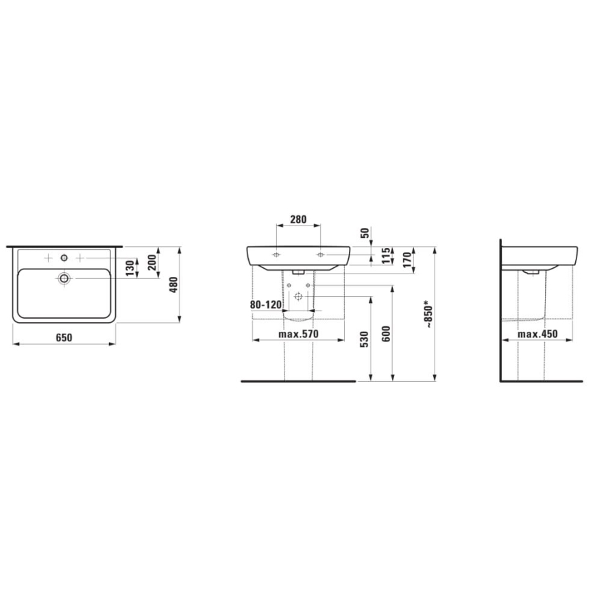 LAUFEN H8189530001041 - Galda virsmas izlietne/pie sienas stiprināma PRO 65x48 cm keramika/balta