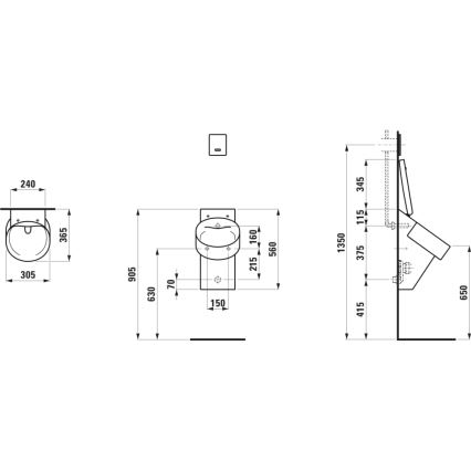 LAUFEN H8402810200001 - Pisuārs ar atverēm VAL vāka stiprināšanai, aizmugurējs ūdens pieslēgums, aizmugurējs kanalizācijas izvads, keramika/spīdīgi melns