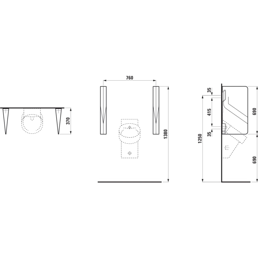 LAUFEN H8472800200001 - Pisuāra dalītājs VAL 69 x 37 cm, keramika / spīdīgi melna apdare