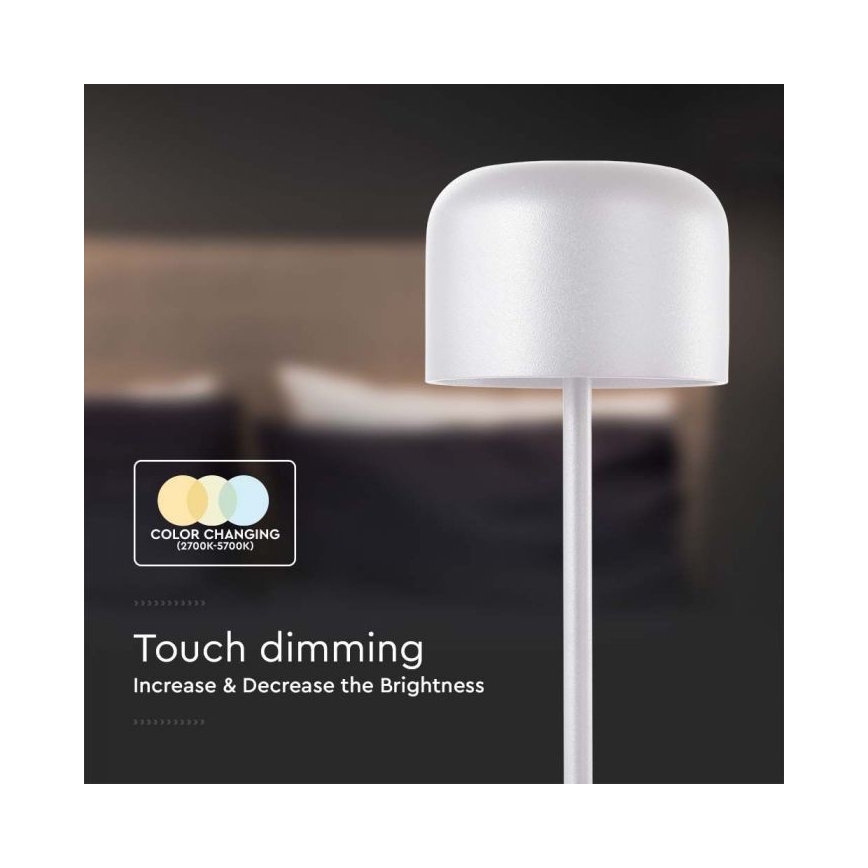 LED Aptumšojama uzlādējama skārienvadāma galda lampa LED/1,5W/5V 2700-5700K IP54 2200 mAh balta