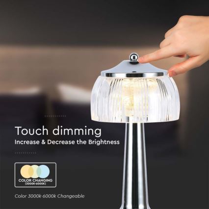 LED Aptumšojama uzlādējama skārienvadāma galda lampa LED/1W/5V 3000-6000K 1800 mAh spīdīgi hromēts