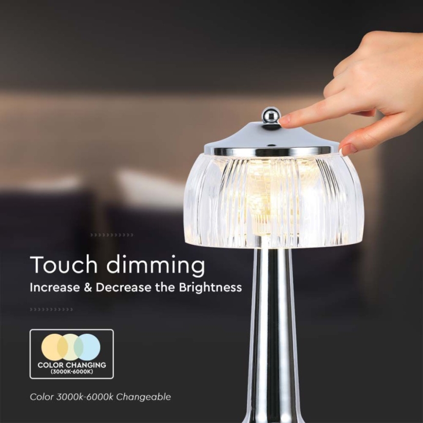 LED Aptumšojama uzlādējama skārienvadāma galda lampa LED/1W/5V 3000-6000K 1800 mAh spīdīgi hromēts