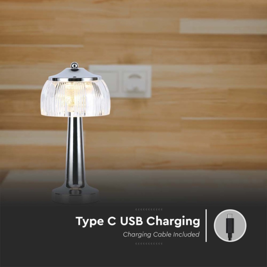 LED Aptumšojama uzlādējama skārienvadāma galda lampa LED/1W/5V 3000-6000K 1800 mAh spīdīgi hromēts