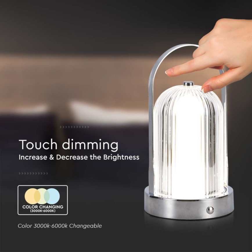 LED Aptumšojama uzlādējama skārienvadāma galda lampa LED/1W/5V 3000-6000K 1800 mAh matēts hroms