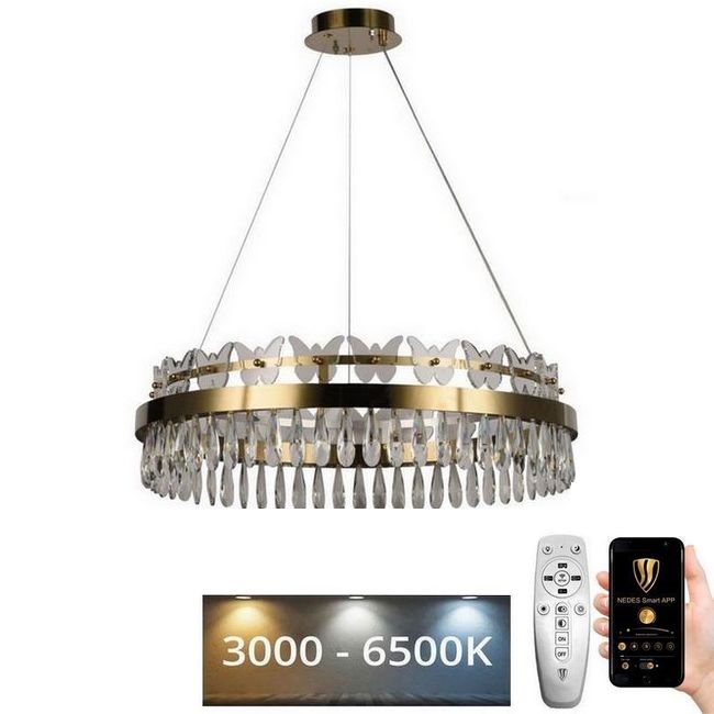 LED Aptumšojama kristāla lustra ar auklu LED/80W/230V 3000-6500K zelta + tālvadības pults