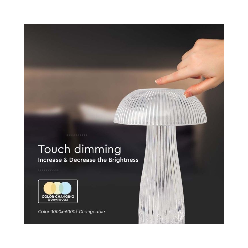 LED Aptumšojama uzlādējama skārienvadāma galda lampa LED/1W/5V 3000-6000K 1800 mAh caurspīdīga