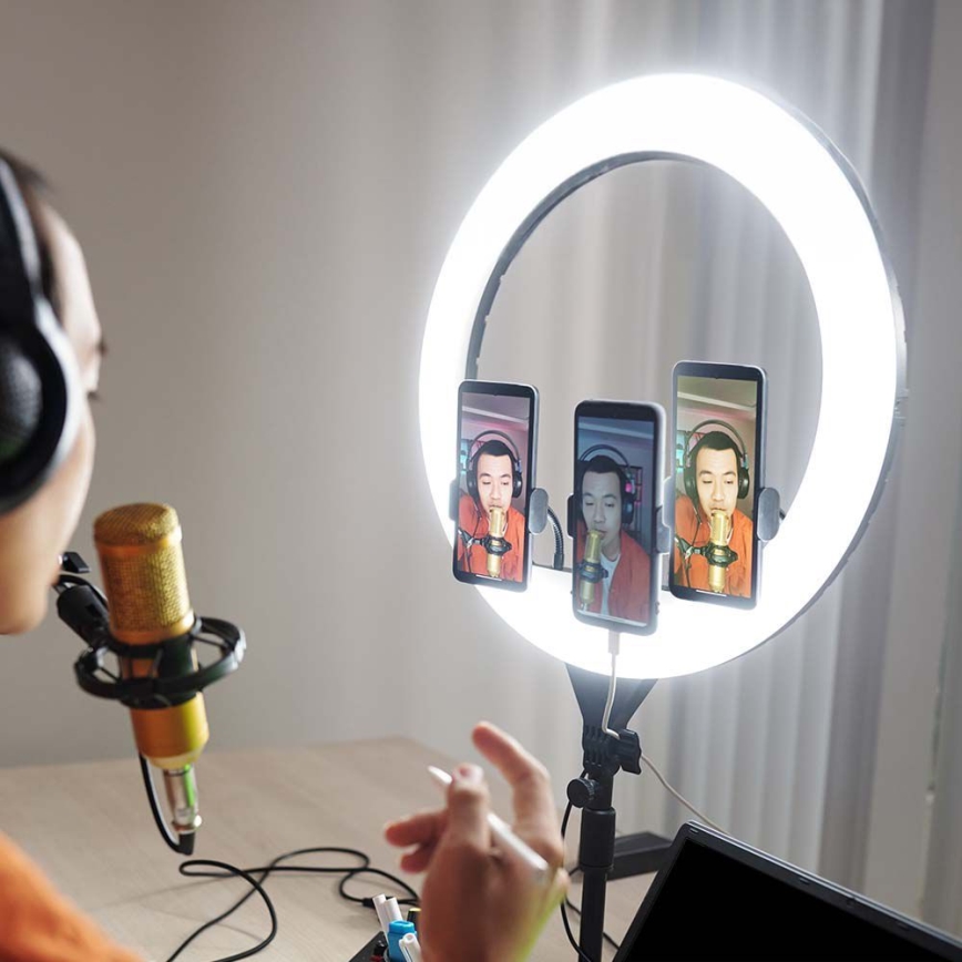 LED Aptumšojama lampa ar statīvu un vlogošanas turētājs LED/55W/230V CRI 90 + tālvadības pults