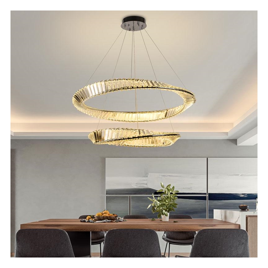 LED Aptumšojama kristāla lustra ar auklu LED/90W/230V 3000-6500K spīdīgi hromēts + tālvadības pults