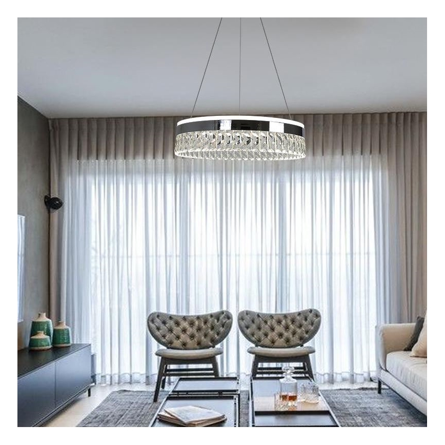 LED Aptumšojama kristāla lustra ar auklu LED/90W/230V 3000-6500K spīdīgi hromēts + tālvadības pults