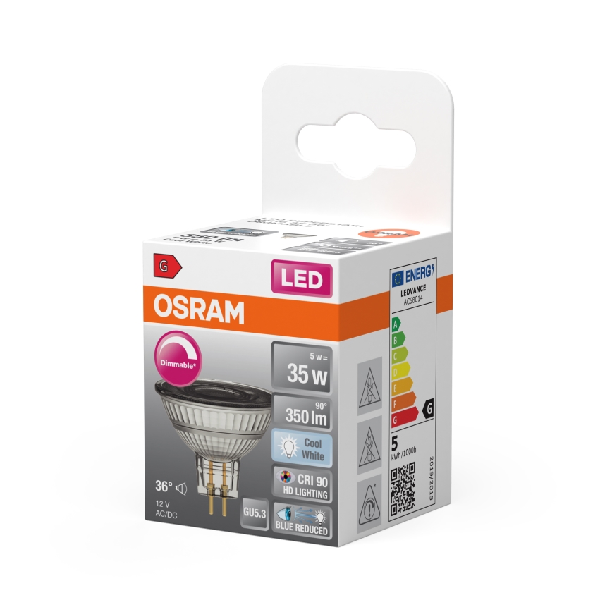 LED aptumšojama reflektora spuldze MR16 GU5,3/5W/12V 4000K 36° CRI 90 - Osram
