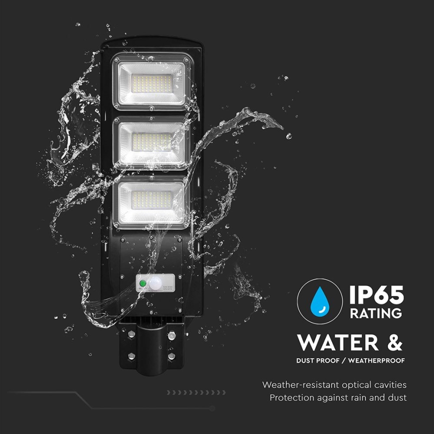 LED Aptumšojama saules enerģijas ielu lampa ar kustības un krēslas sensoru LED/12W/3,2V 6000K IP65 10000 mAh melna + tālvadības pults