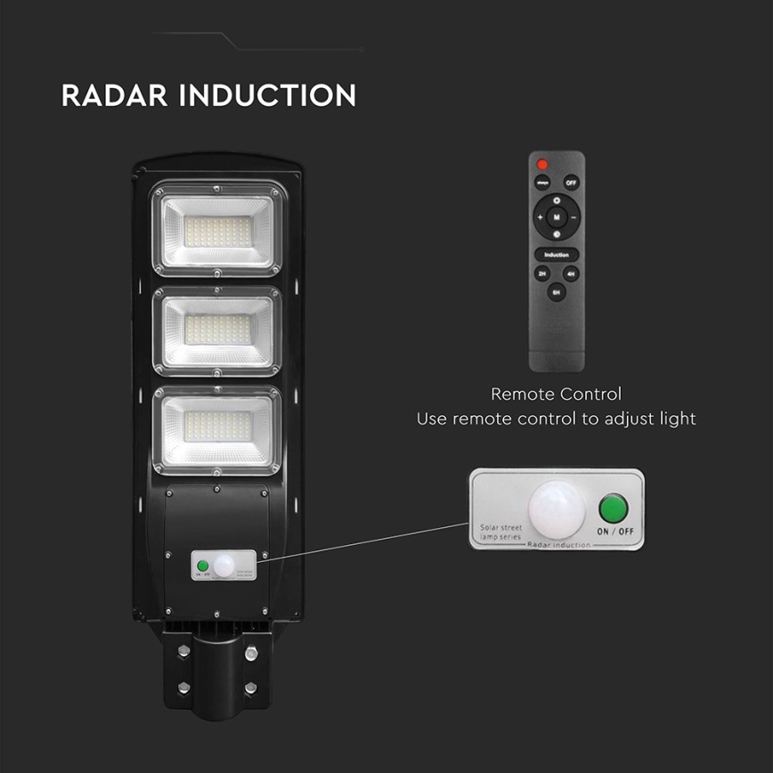 LED Aptumšojama saules enerģijas ielu lampa ar kustības un krēslas sensoru LED/12W/3,2V 6000K IP65 10000 mAh melna + tālvadības pults