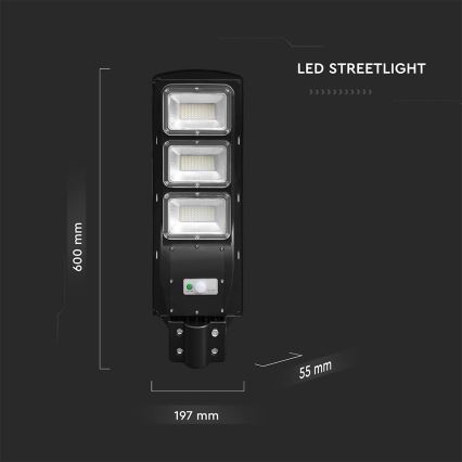 LED Aptumšojama saules enerģijas ielu lampa ar kustības un krēslas sensoru LED/12W/3,2V 6000K IP65 10000 mAh melna + tālvadības pults