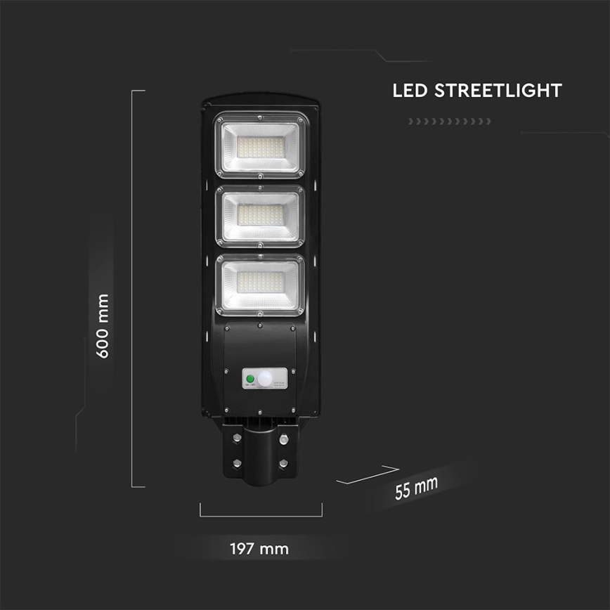 LED Aptumšojama saules enerģijas ielu lampa ar kustības un krēslas sensoru LED/12W/3,2V 6000K IP65 10000 mAh melna + tālvadības pults