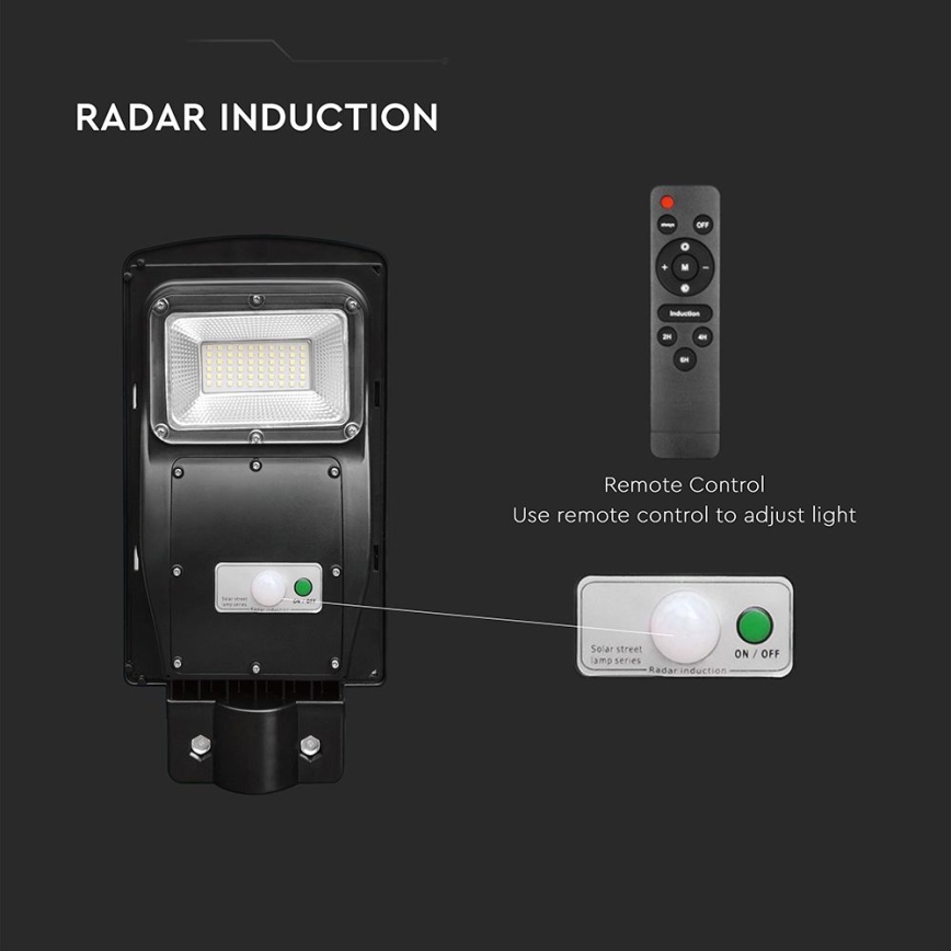 LED Aptumšojama saules enerģijas ielu lampa ar kustības un krēslas sensoru LED/6W/3,2V 6000K IP65 5000 mAh melna + tālvadības pults