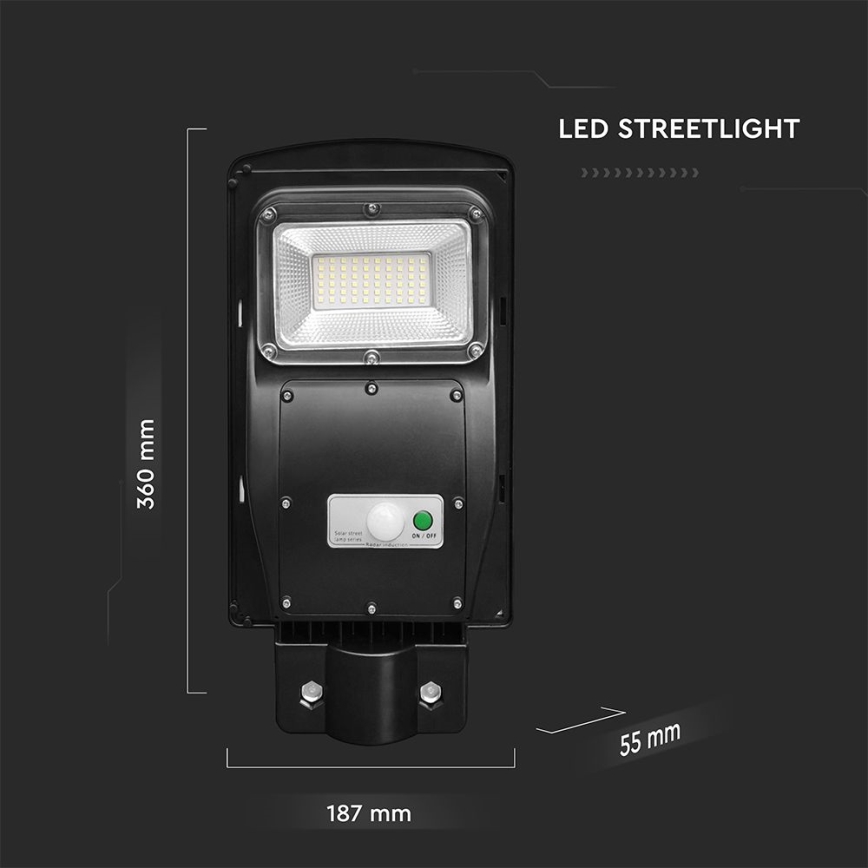 LED Aptumšojama saules enerģijas ielu lampa ar kustības un krēslas sensoru LED/6W/3,2V 6000K IP65 5000 mAh melna + tālvadības pults