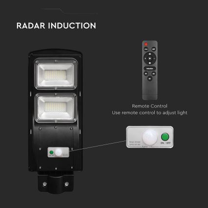 LED Aptumšojama saules enerģijas ielu lampa ar kustības un krēslas sensoru LED/8W/3,2V 6000K IP65 9000 mAh melna + tālvadības pults