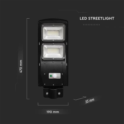 LED Aptumšojama saules enerģijas ielu lampa ar kustības un krēslas sensoru LED/8W/3,2V 6000K IP65 9000 mAh melna + tālvadības pults