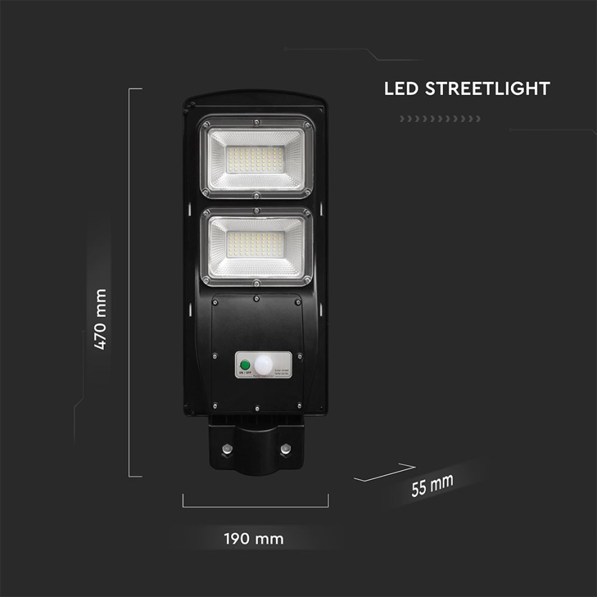LED Aptumšojama saules enerģijas ielu lampa ar kustības un krēslas sensoru LED/8W/3,2V 6000K IP65 9000 mAh melna + tālvadības pults